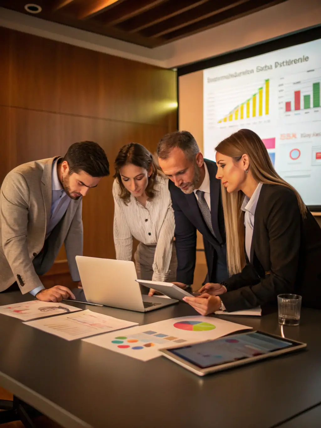 An image of a team discussing growth plans with charts and a laptop, used to represent BarberGestión's business strategy and growth consulting.