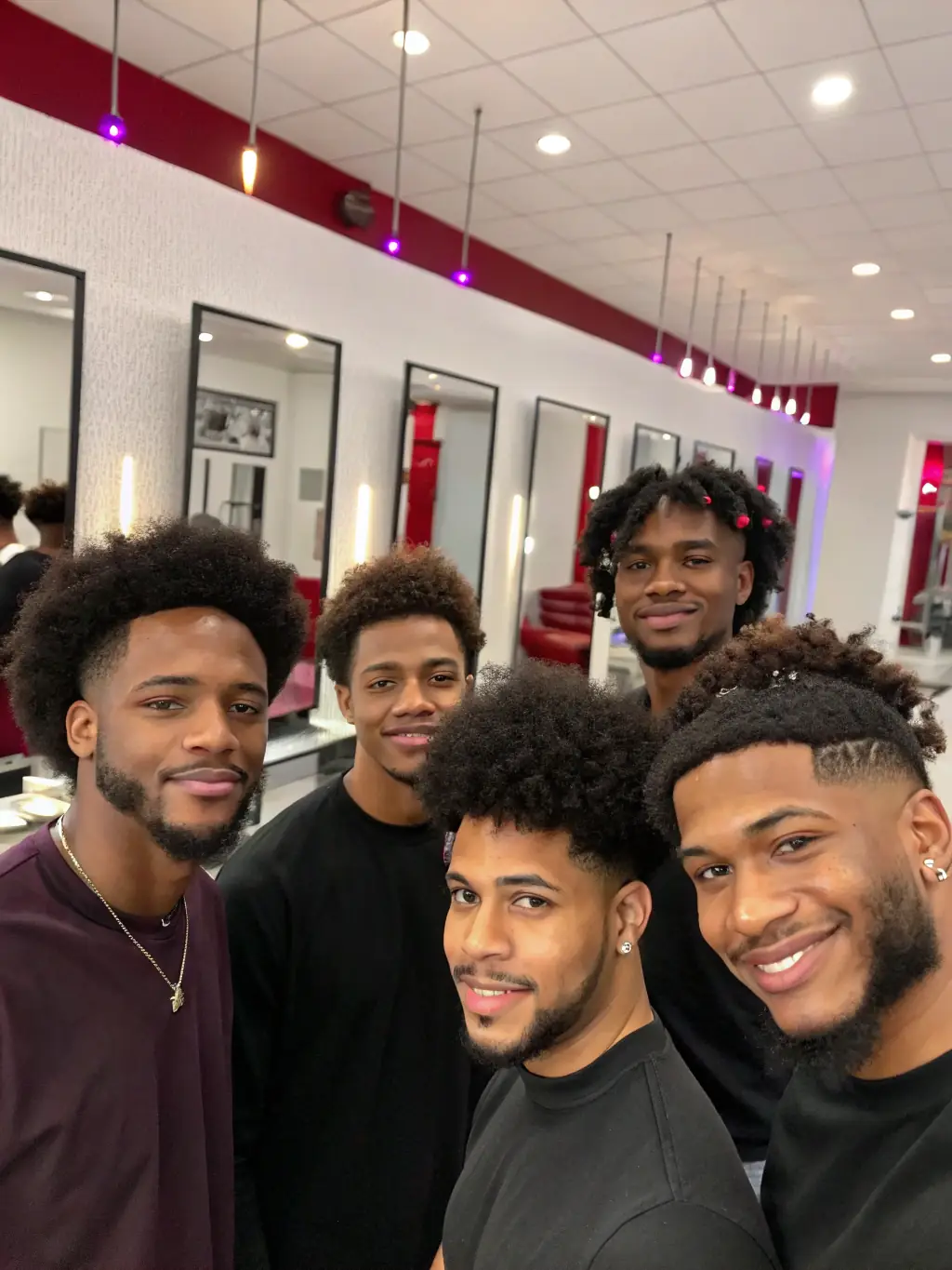 A diverse group of barbers and stylists collaborating in a modern barbershop, symbolizing BarberGestión's commitment to inclusive and innovative business solutions.