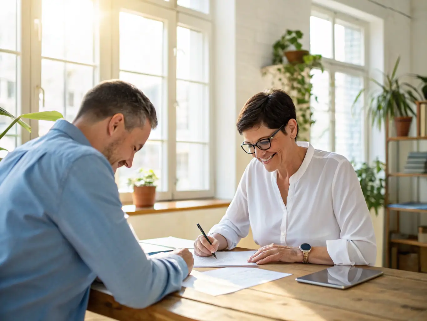 A consultant reviewing financial reports with a barbershop owner, focusing on key performance indicators and areas for improvement.