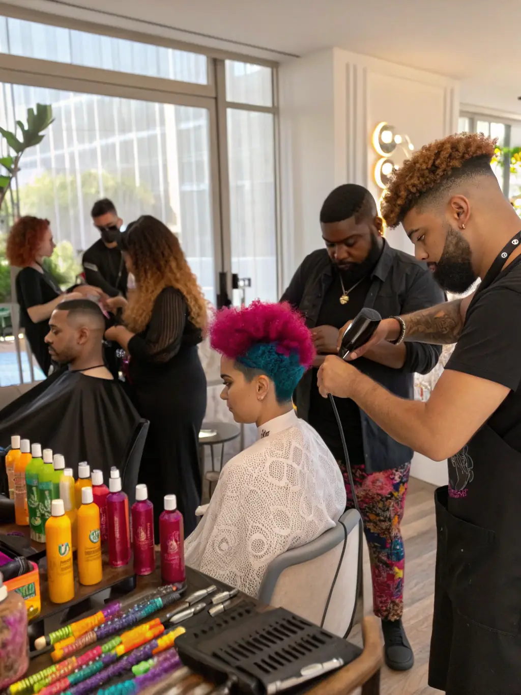 A diverse group of barbers and stylists collaborating in a modern salon setting, reflecting BarberGestión's commitment to fostering a positive and productive work environment.