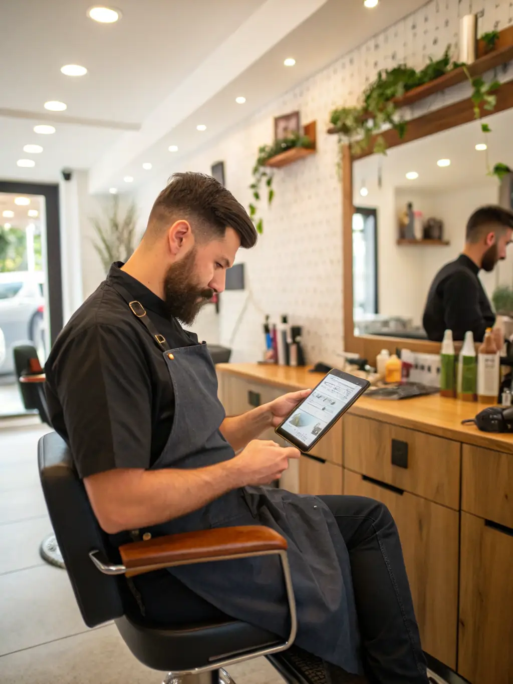 A barber using a tablet to manage appointments and customer data, showcasing the efficiency gains from BarberGestión's operations optimization services.