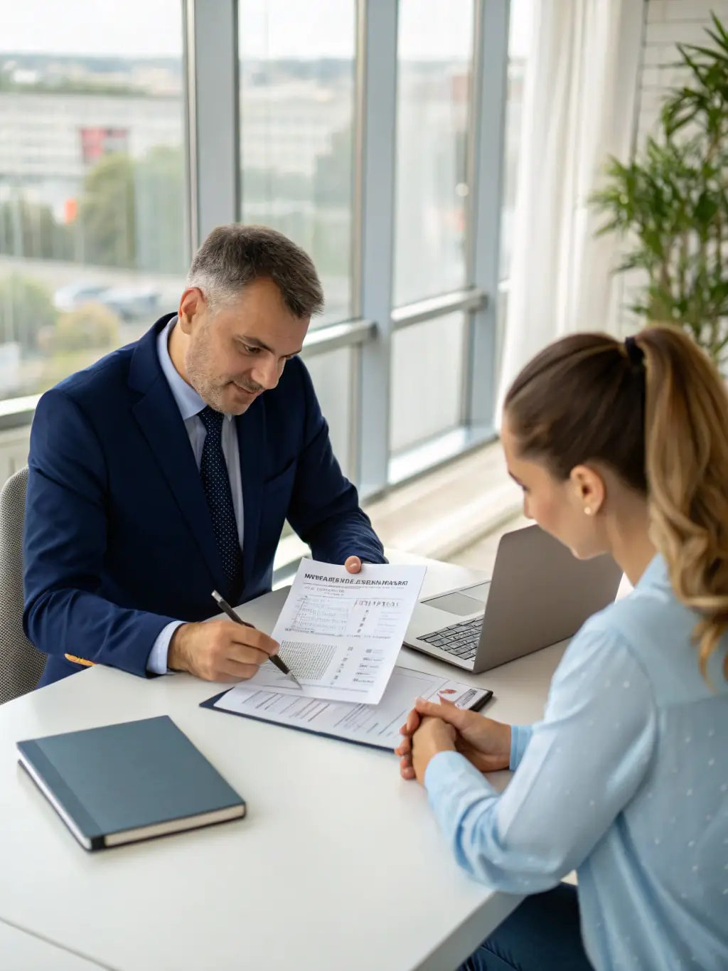 A close-up shot of a consultant reviewing financial documents with a barbershop owner, emphasizing the personalized financial advice provided by BarberGestión.