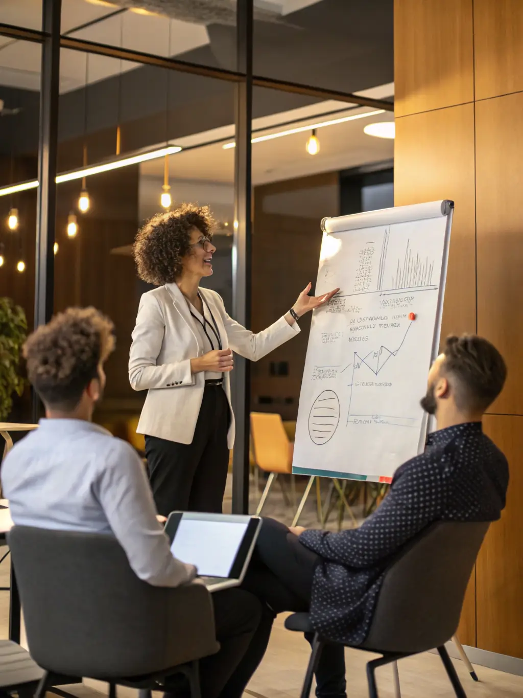 A consultant presenting a growth strategy plan to a barbershop team, illustrating BarberGestión's approach to business development and expansion.